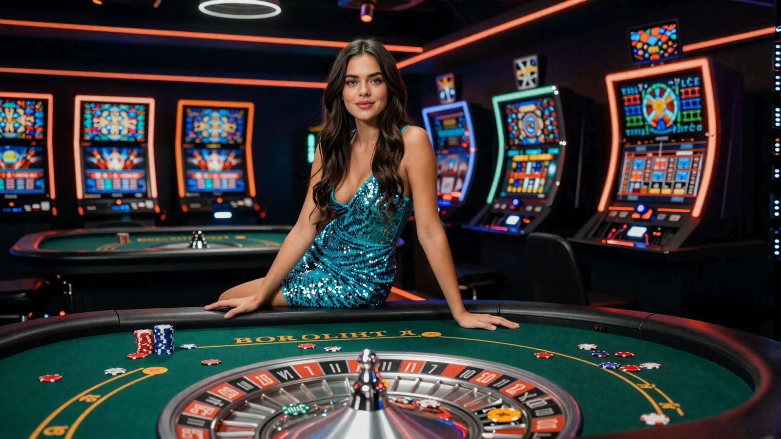 Frau im t&uuml;rkisen Paillettenkleid am Roulette-Tisch zwischen leuchtenden Spielautomaten im Betsson Online Casino Echtgeld