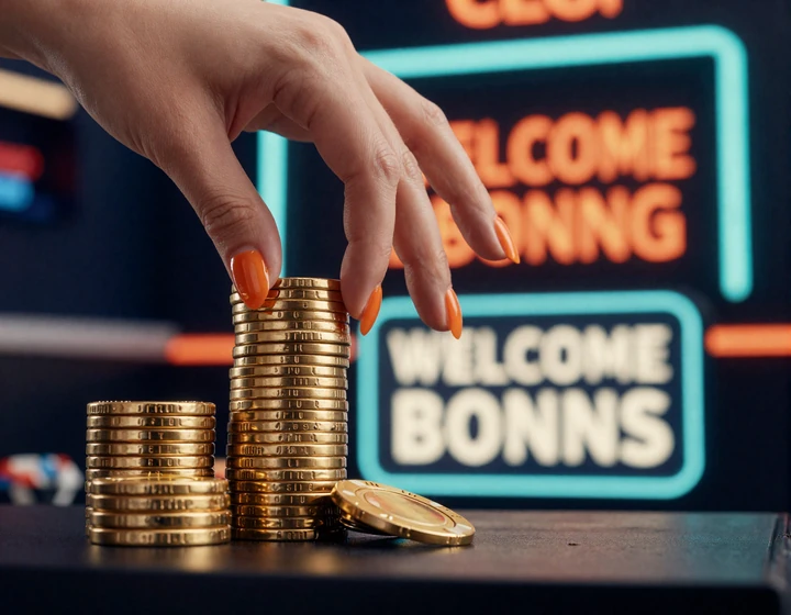 Hand mit orangefarbener Manik&uuml;re stapelt goldene Casino-Chips neben einem Willkommensbonus-Schild bei Betsson
