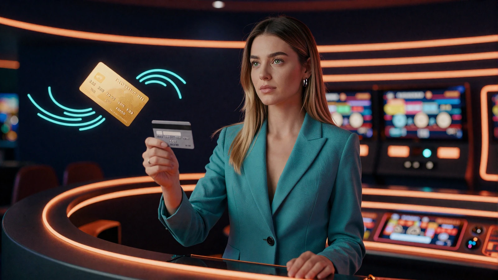 Frau im t&uuml;rkisen Blazer an einem neonbeleuchteten Casino-Kassenschalter mit Zahlungskarte bei Betsson Online Casino