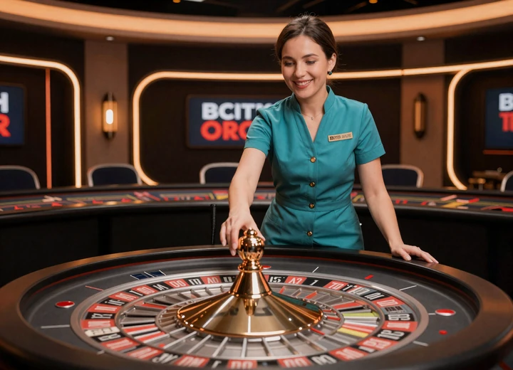 Professionelle Live-Dealerin in t&uuml;rkiser Uniform am neonbeleuchteten Roulette-Tisch im Betsson Live Casino online