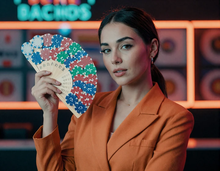 Elegante Frau im orangefarbenen Outfit h&auml;lt Casino-Chips vor Neonlicht - 100% Willkommensbonus bei Betsson